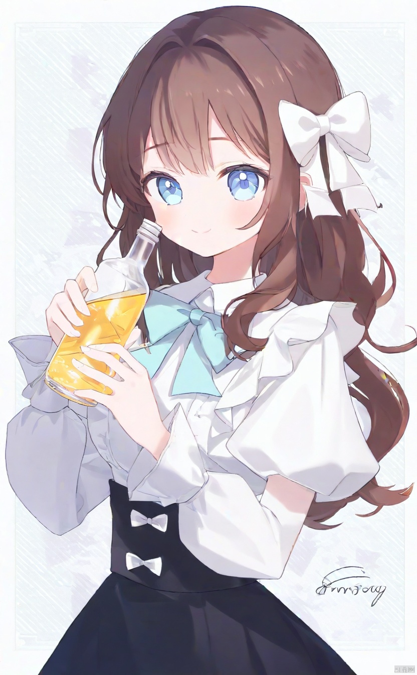 The image is a piece of artwork that features a character with anime-style illustrations. The character has large blue eyes, brown hair tied in a bow with a ribbon, and is wearing a white blouse with ruffled sleeves and a dark skirt. She is holding a glass bottle, which suggests she might be enjoying a drink. The background is minimalistic, with a light pattern that doesn't distract from the main subject. The overall impression is one of a stylized, youthful character, possibly from a manga or anime series, depicted in a way that emphasizes her innocence and charm.