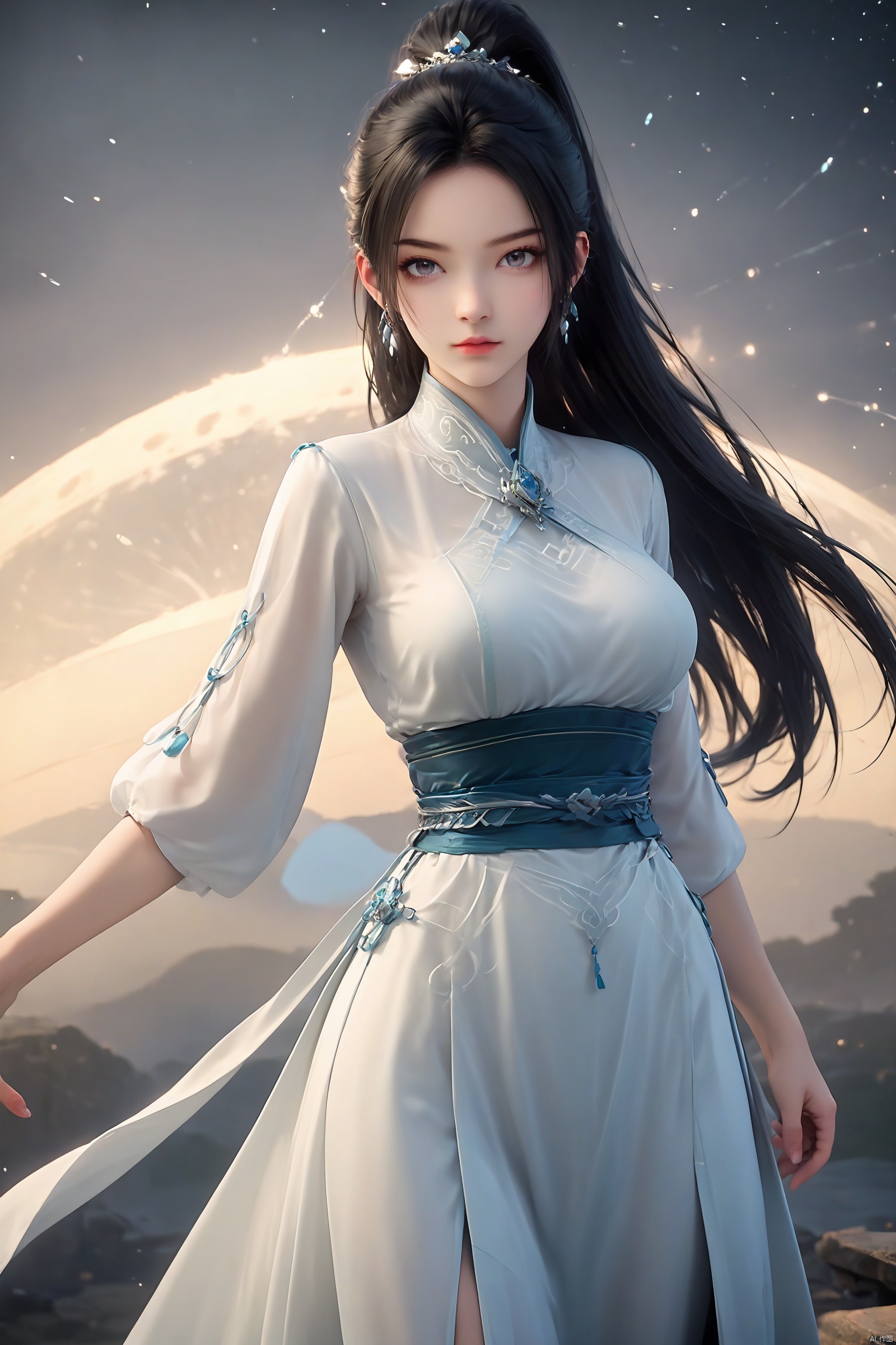 SFW,(masterpiece:1.2),best quality,absurdres,masterpiece,original,extremely detailed wallpaper,perfect lighting,(extremely detailed CG:1.2),1girl,solo,long hair,looking at viewer,black hair,hair ornament,dress,jewelry,closed mouth,ponytail,earrings,white dress,sash,chinese clothes,from different angles,ninyao