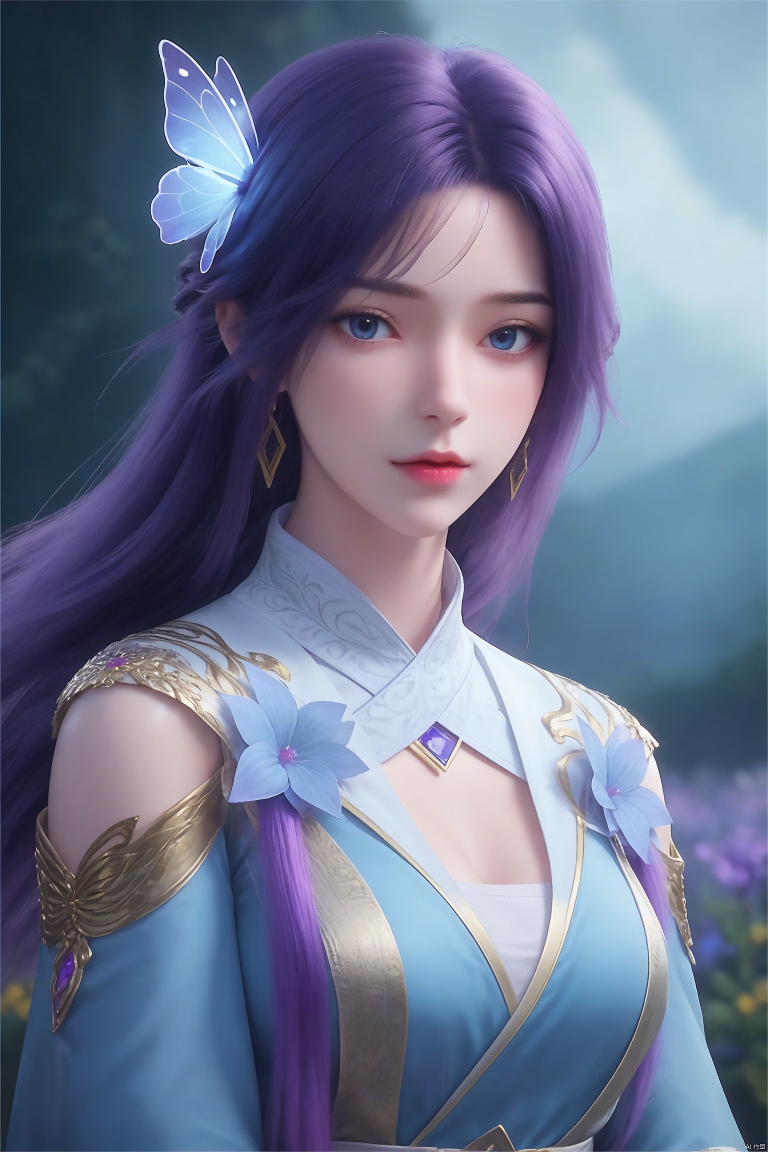 This is a highly detailed digital artwork in the fantasy genre, featuring an ethereal, otherworldly scene. The central figure is a young woman with a pale, delicate complexion and long, flowing purple hair that cascades around her face and shoulders. Her eyes are a striking violet hue, and her expression is somber yet captivating, with a hint of sadness. She is adorned in an intricate, light blue robe adorned with golden patterns and embroidered flowers, which adds to her regal and mystical appearance. 

Surrounding her are delicate, luminous butterflies in shades of purple, blue, and white, which seem to be floating around her, adding to the ethereal atmosphere. The background is a softly blurred, dark, and moody setting, possibly an outdoor night scene with hints of a stone wall and a few glowing orbs, contributing to the mysterious ambiance. The texture of the fabric on her robe is smooth and slightly reflective, while the hair appears silky and voluminous. The overall color palette is dominated by cool tones, with subtle hints of warmth from the golden embroidery. The image is rich in detail and emotion, creating a mesmerizing and dreamlike experience. masterpiece, best quality, score_9, score_8_up, score_7_up,yunxi