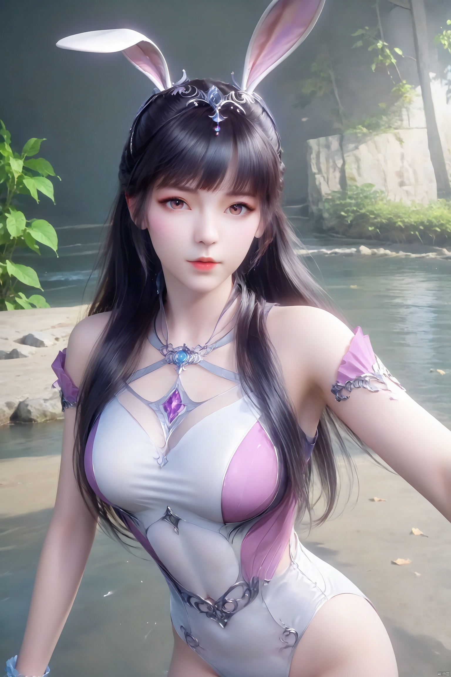 Produce a 4K, high-resolution masterpiece image of a graceful 1girl,xiaowu,black hair,Rabbit ears,The image is ultra-detailed and photorealistic, showcasing historical elegance.