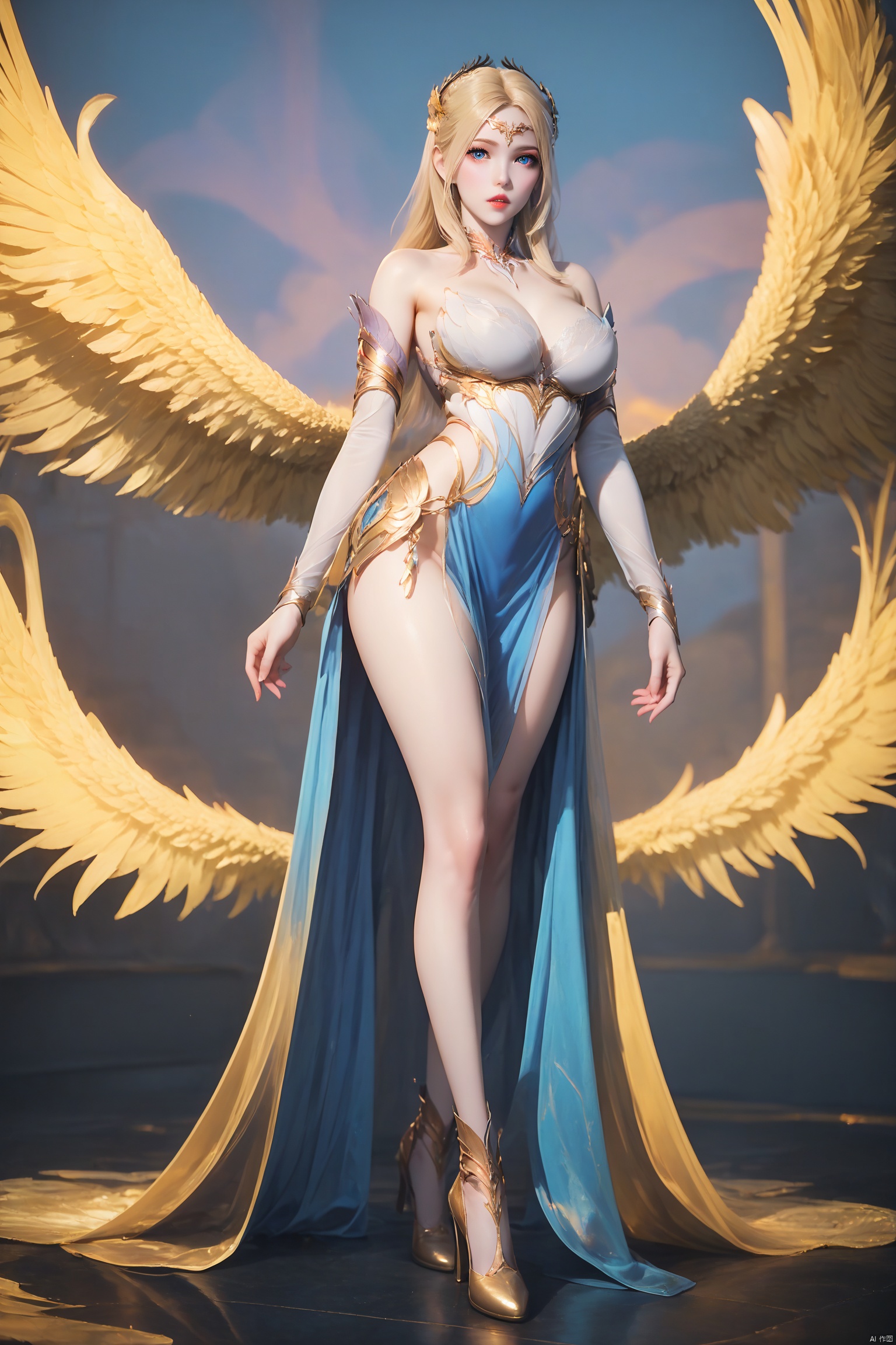 score_9,score_8_up,score_7_up,score_6_up,highly detailed digital,1girl,solo,She has pale, almost translucent skin,long hair, looking at viewer, blue eyes, blonde hair, hair ornament, dress, bare shoulders, medium breasts, standing, parted lips, detached sleeves, wings, white dress, high heels,qianrenxue
