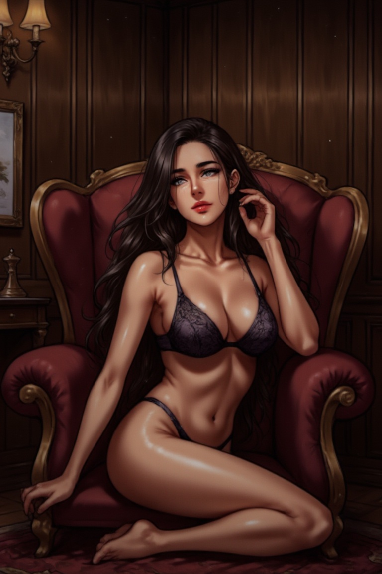 A sultry Ami woman,  exuding confidence and charm with a score of 9,  poses seductively indoors amidst warm golden lightin...
