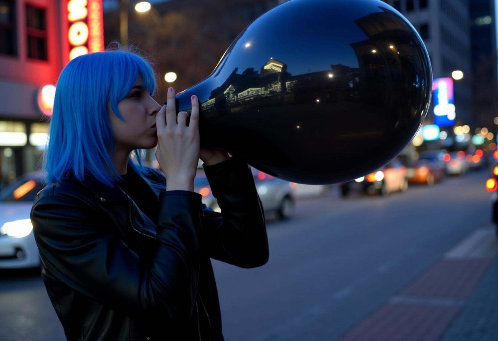 1girl,  photograph,  (blowing black balloon) on Tensor.Art
