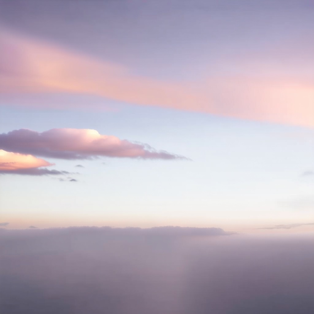 A serene landscape featuring feathery clouds gracefully dancing across a soft pink sky, with a gentle gradient from light to dark pink hues. The composition captures the clouds in mid-motion, framed with a wide-angle view to emphasize the expansive sky. The lighting is soft and diffused, enhancing the dreamy atmosphere.