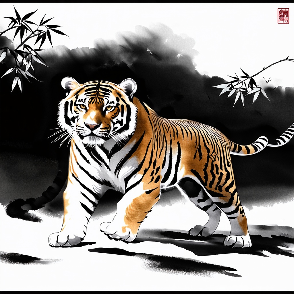 A powerful ink art depiction of a majestic tiger, mid-stride, in a traditional Chinese ink wash style. The tiger's fur is rendered with bold, flowing strokes, emphasizing its strength and grace. The background is minimal, allowing the tiger to stand out, with subtle hints of bamboo leaves for context. The lighting is soft, enhancing the dramatic contrast between the dark and light ink, capturing the essence of the tiger's wild spirit.