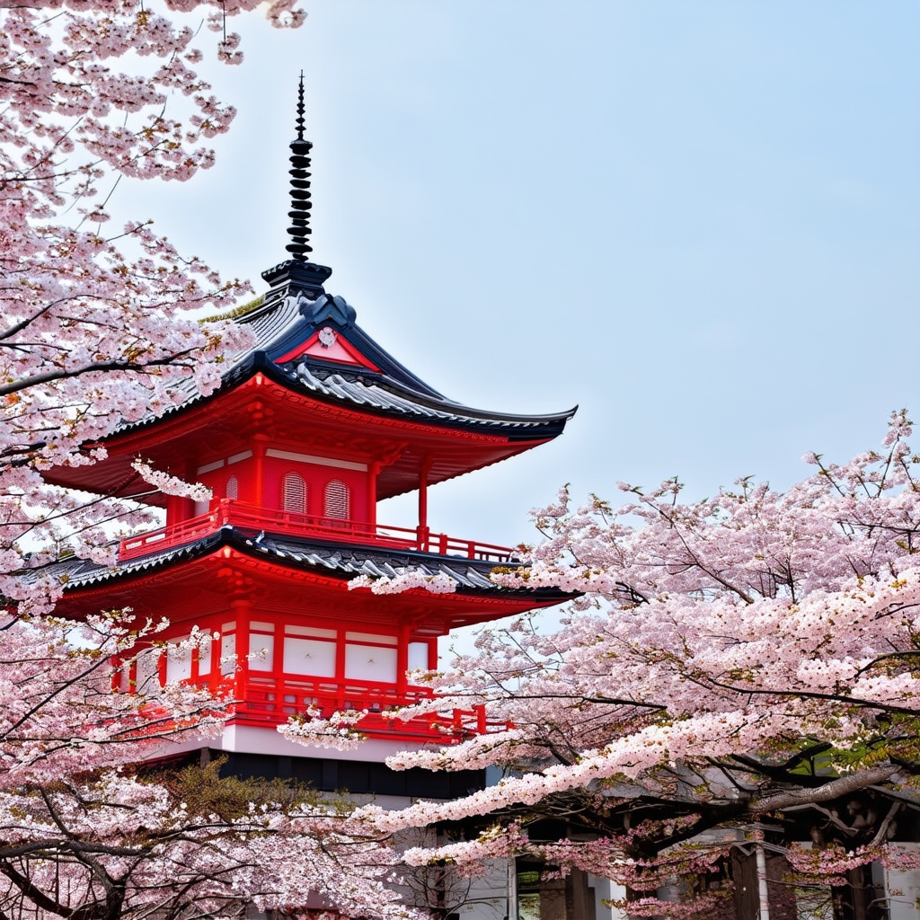 A vibrant Japanese paint pen artwork featuring a serene landscape with cherry blossoms and a traditional pagoda. The scene is detailed with intricate linework, showcasing the precision of paint pen art. The pagoda is nestled among blooming cherry trees, with petals gently falling, creating a sense of tranquility. The composition is balanced, with the pagoda centered and the blossoms framing the scene. The colors are vivid, with bold reds and pinks against a muted background, highlighting the beauty of the cherry blossoms and the cultural significance of the pagoda.