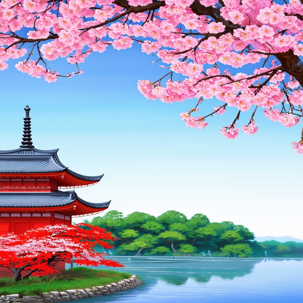 A vibrant Japanese paint pen artwork featuring a serene landscape with cherry blossoms and a traditional pagoda. The scene is detailed with intricate linework, showcasing the precision of paint pen art. The pagoda is nestled among blooming cherry trees, with petals gently falling, creating a sense of tranquility. The composition is balanced, with the pagoda centered and the blossoms framing the scene. The colors are vivid, with bold reds and pinks against a muted background, highlighting the beauty of the cherry blossoms and the cultural significance of the pagoda.
