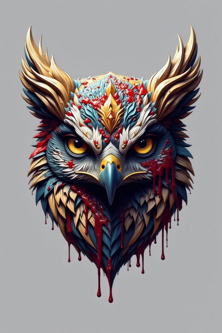 fluxtration,illustration, no humans, bird, animal focus, grey background, blood, yellow eyes, solo, simple background