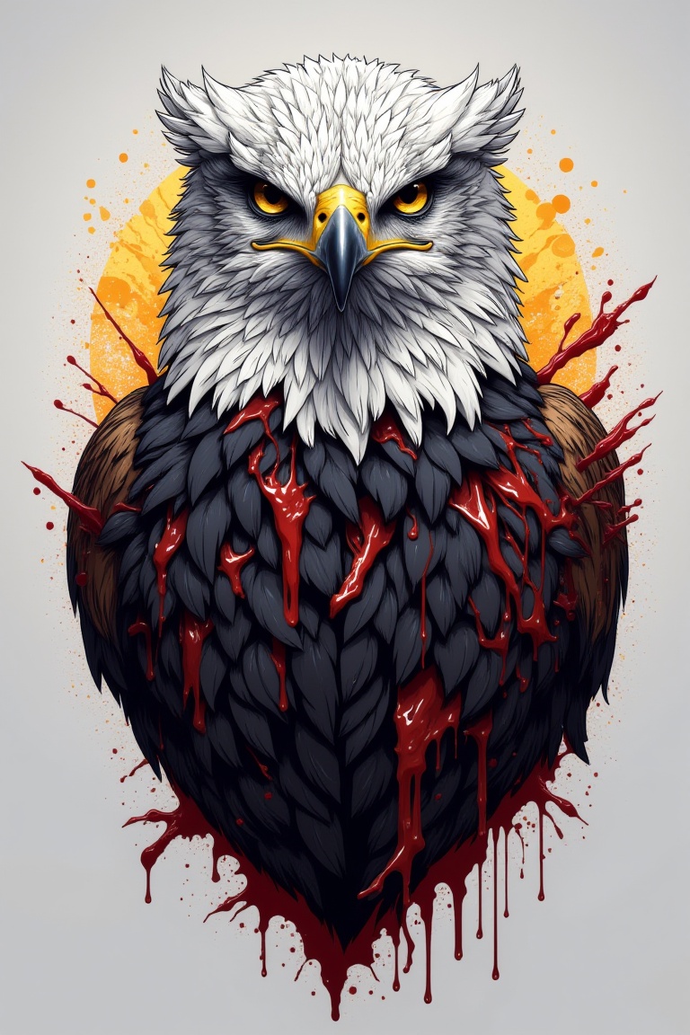 fluxtration,illustration, no humans,eagle, bird, animal focus, grey background, blood, yellow eyes, solo, simple background,bloody