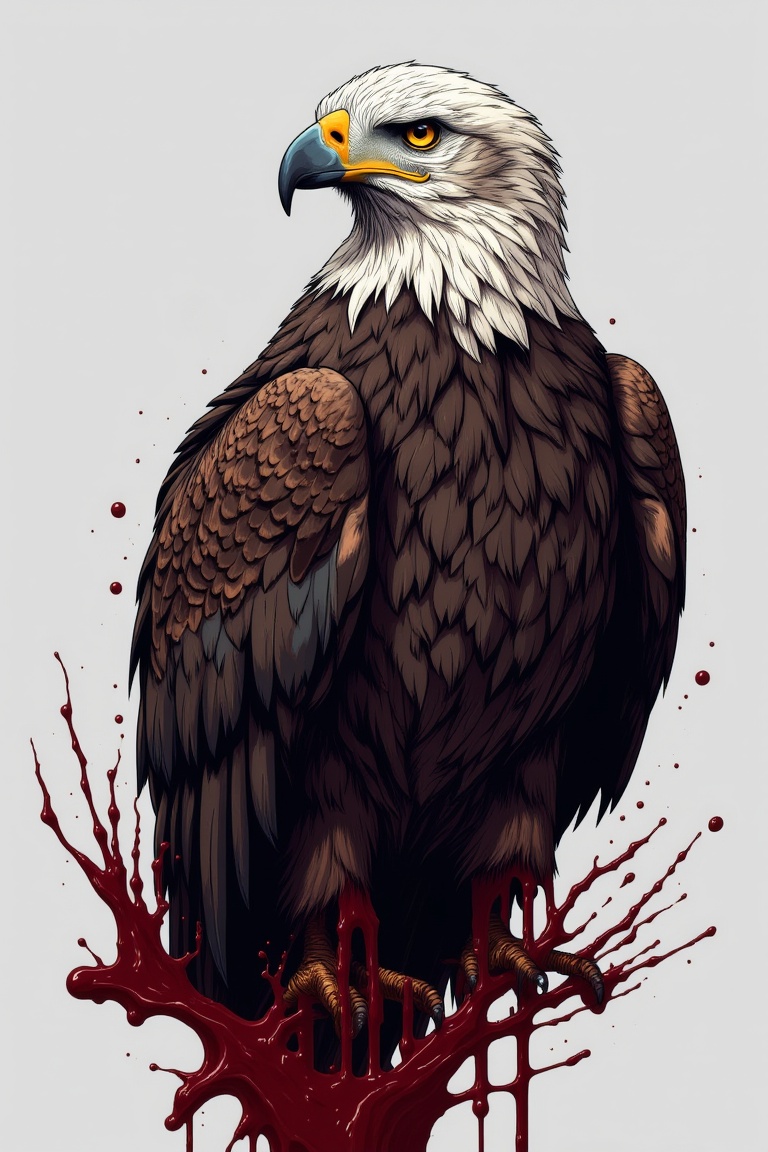 fluxtration,illustration, no humans,eagle, bird, animal focus, grey background, blood, yellow eyes, solo, simple background,bloody