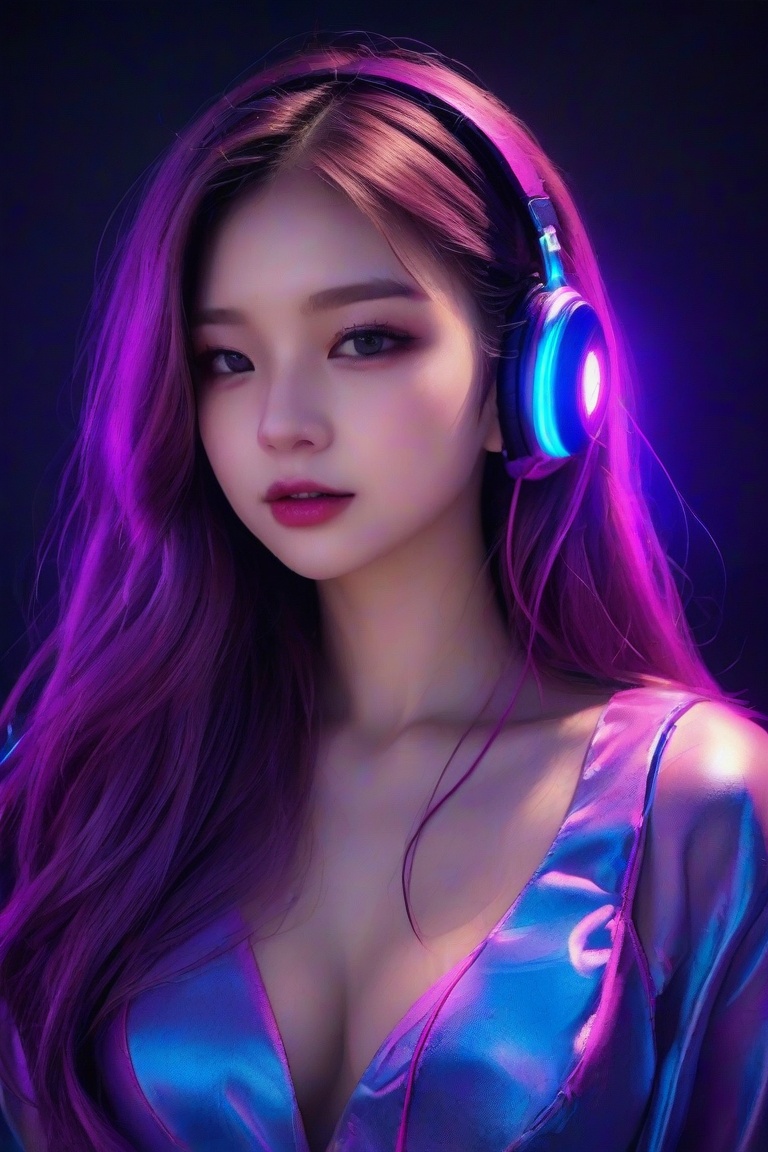 masterpiece, best quality, photorealistic, 1girl, solo, long flowing hair, neon purple hair, looking at viewer, upper body, Black Background, minimal background, neon lighting, smooth shadows, confident expression, detailed skin, soft features, modern setup, classic portrait style, high clarity, simple background, cinematic lighting, wearing large glowing headphones and a high-tech DJ outfit with LED patterns, futuristic and vibrant