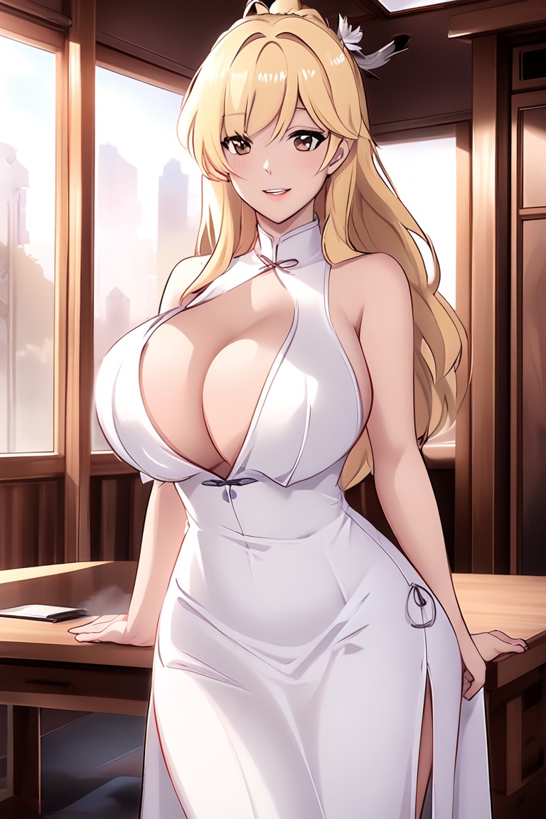 blonde model,  large breasts,  white dress anime screencap on Tensor.Art