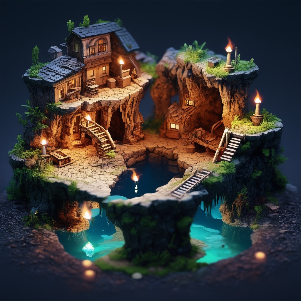 8k, RAW photos, top quality, masterpiece: 1.3), A fantasy fairy village , miniature, landscape, depth of field, ladder, from above, English text,Ore, cave, torch,Underground lake, ,isometrics style