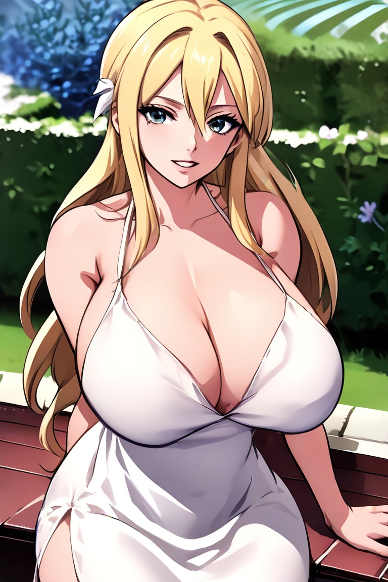 blonde model,  large breasts,  white dress anime screencap on Tensor.Art