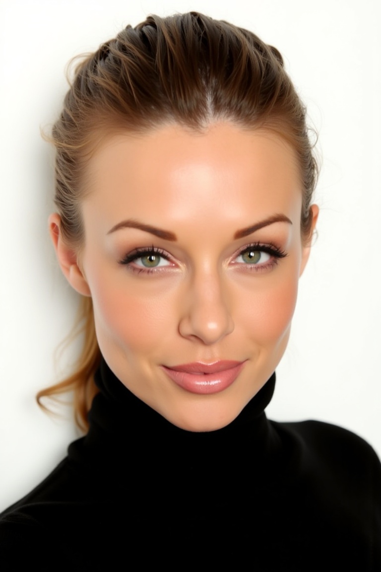 k4yd3nkr00s woman with slicked back hair. White background,  perfect illumination,  her eyes are gorgeous in green color o...