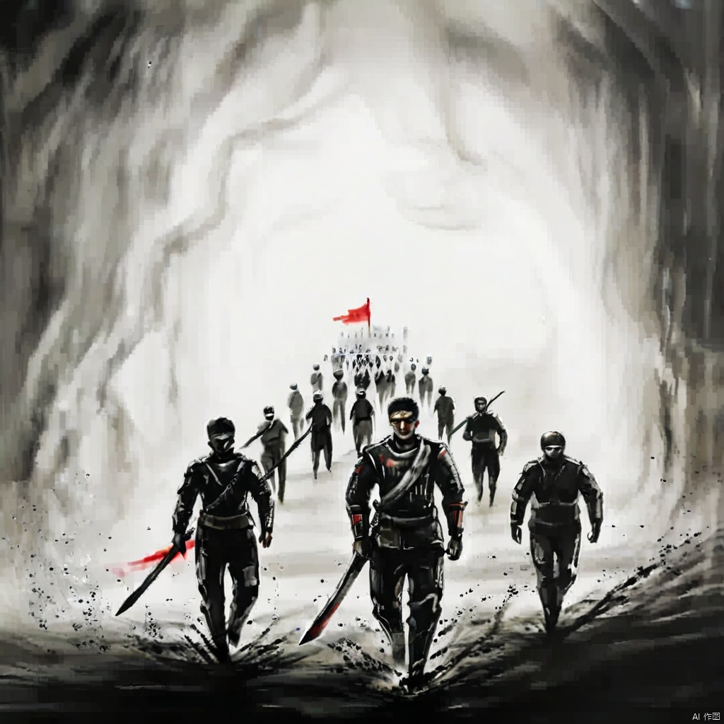 ink painting, a painting of a group of people walking through a tunnel of smoke and snow with a flag on top, holding, standing, weapon, multiple boys, sword, holding weapon, armor, holding sword, helmet, letterboxed, polearm, spot color, 6+boys, shield, spear, flag, full armor, banner, soldier
