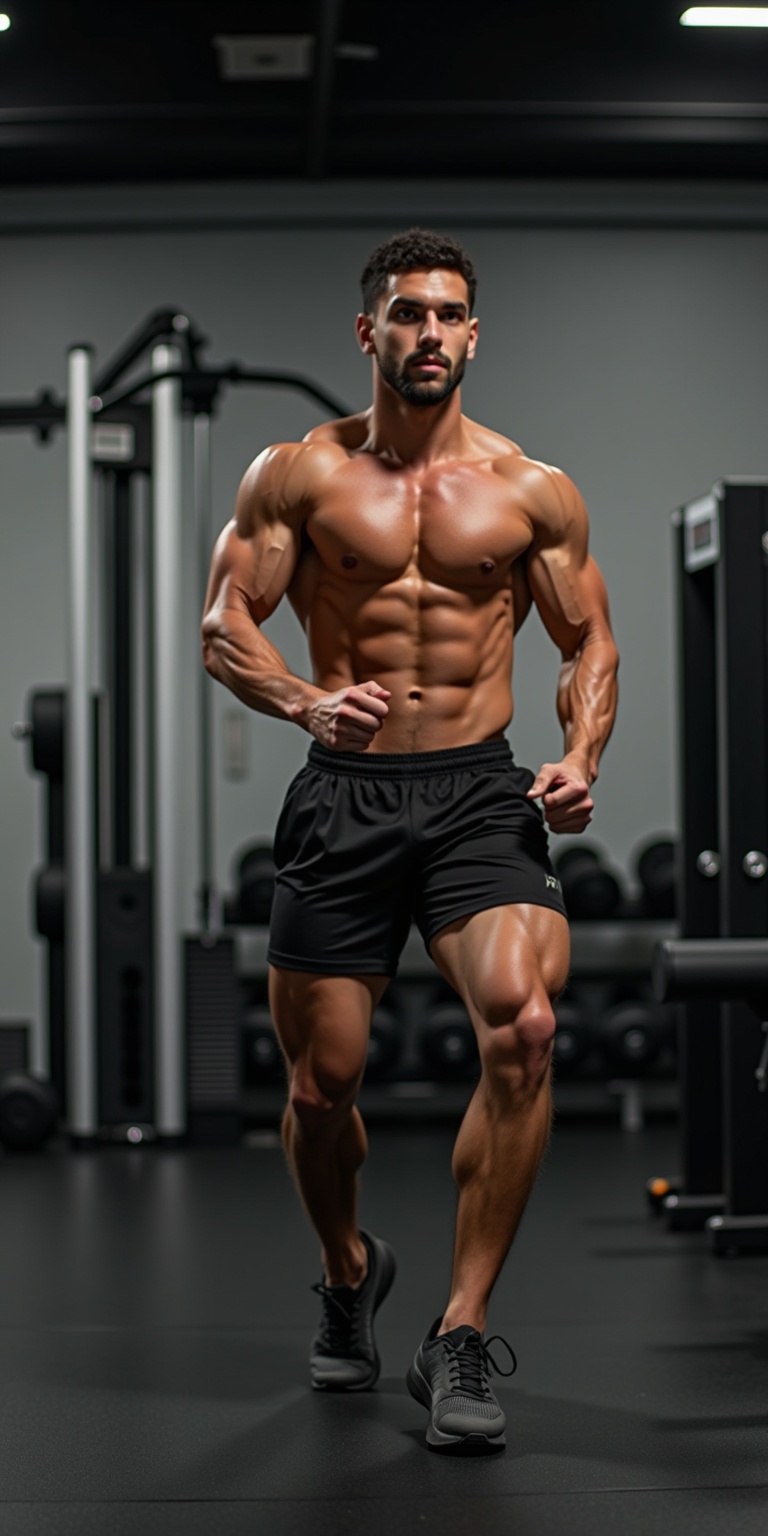 Photo of a man with perfect muscles,  doing exercise movements,  in the gym on Tensor.Art