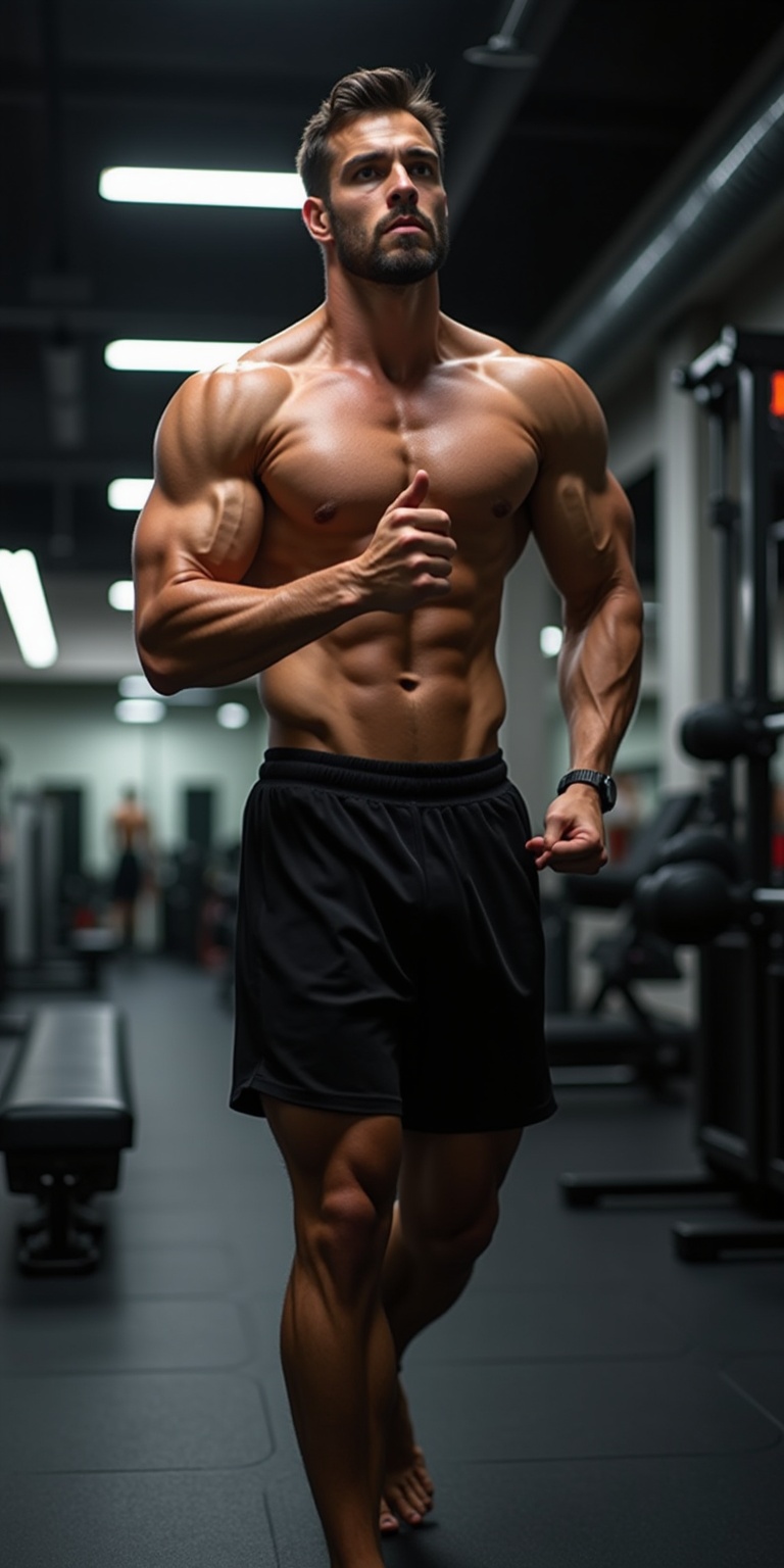 Photo of a man with perfect muscles,  doing exercise movements,  in the gym on Tensor.Art