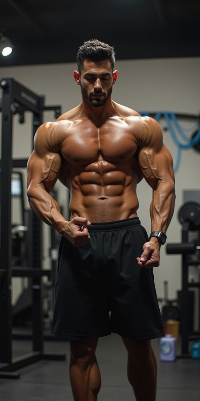 Photo of a man with perfect muscles,  doing exercise movements,  in the gym on Tensor.Art