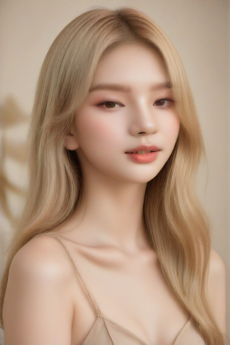 A luminous beauty with porcelain-like complexion and piercing gaze, basking in warm, intromedic light. Her subtle smile hints at quiet confidence as she stands poised against a soft, fashion background. Delicate features and silky locks blend harmoniously, drawing the viewer's eye to her captivating, close-up portrait.
