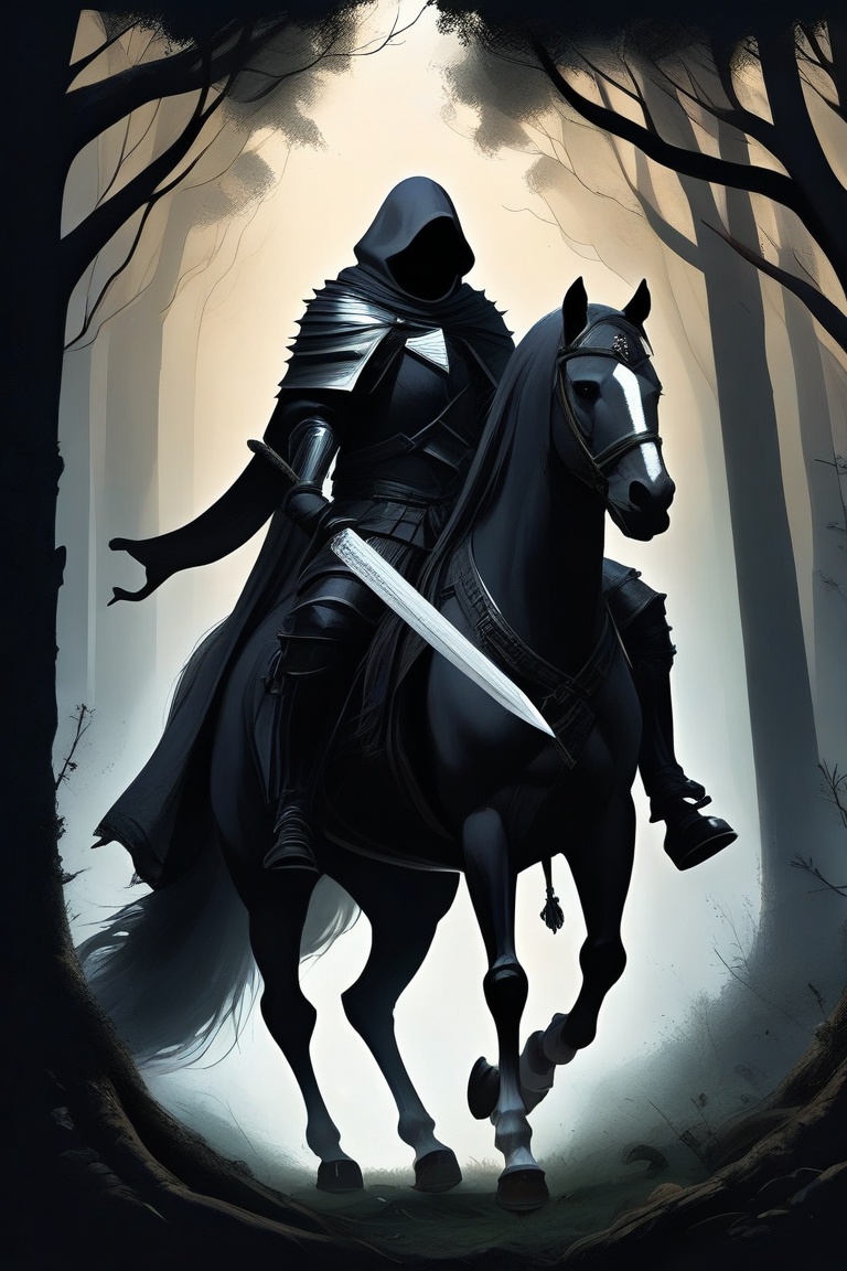 drk, solo, male focus, outdoors, sword, hood, cape, holding weapon, armor, tree, nature, 1other, hood up, forest, riding, horse, horseback riding, dark illustration