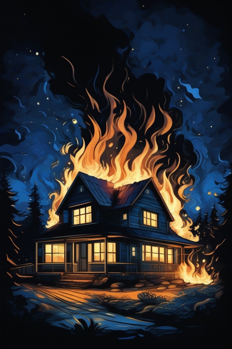 drk, house on fire, night, illustration