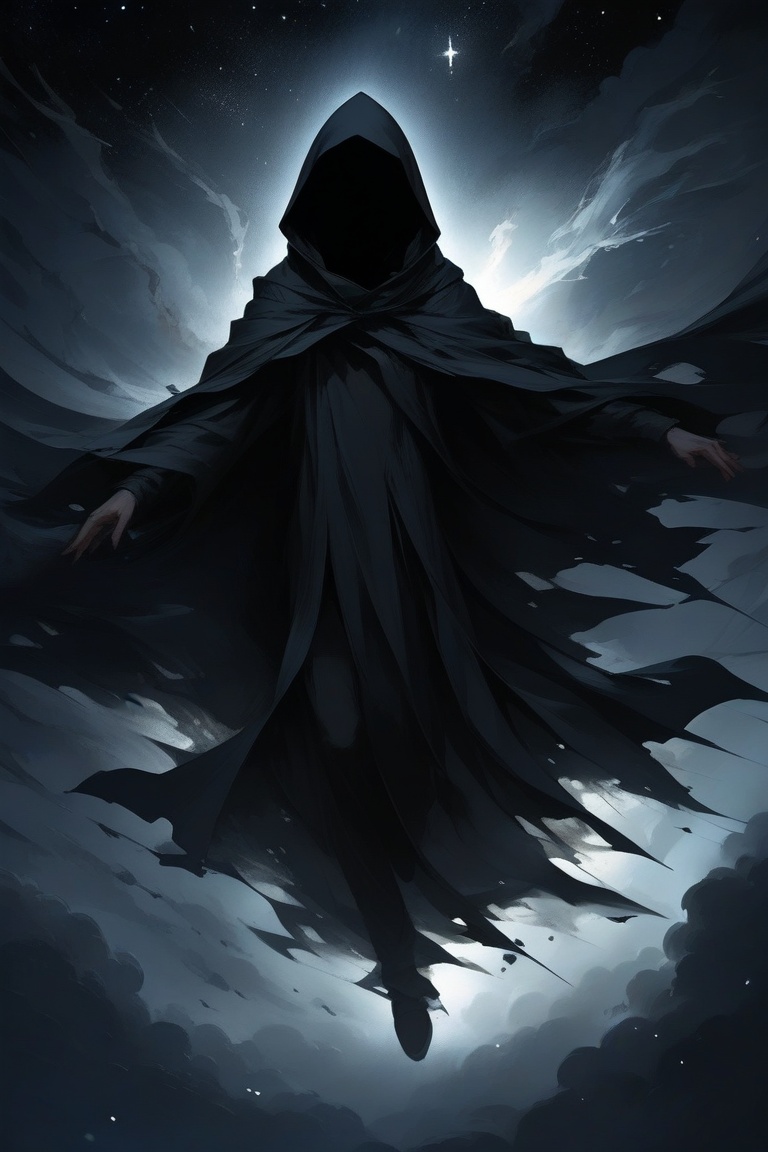 drk, hooded creature flying in the night sky, torn clothes, mysterious, dark atmosphere