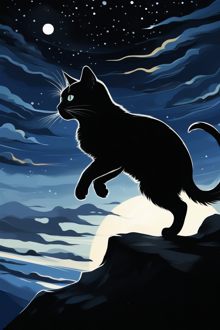 drk, black cat leaping on the nigh sky, side view, illustration