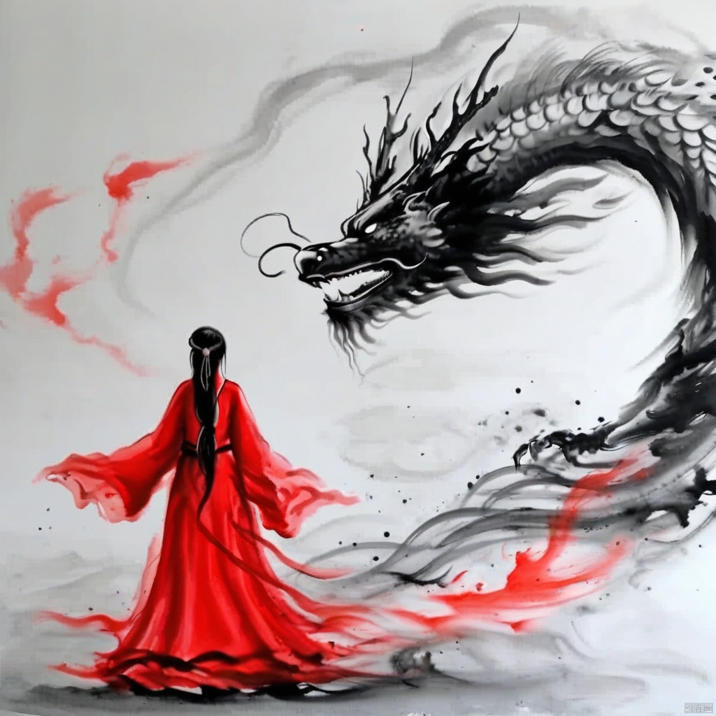 女孩,红色裙子,东方龙,水墨画
