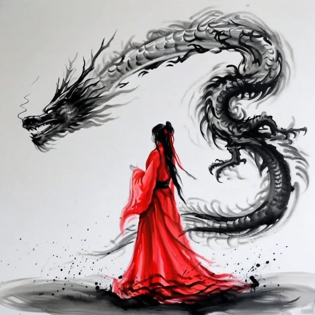 女孩,红色裙子,东方龙,水墨画