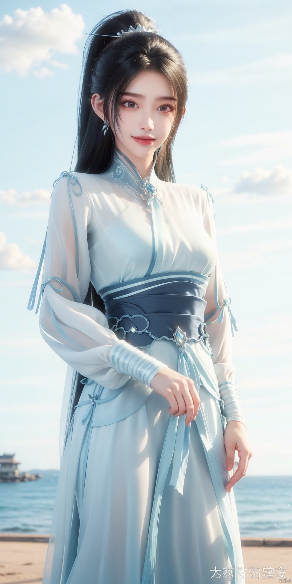 best quality, masterpiece, realistic,full_body,(Good structure), DSLR Quality,Depth of field,kind smile,looking_at_viewer,Dynamic pose, , Blue sky and white clouds on the beach,Masterpiece, (ultra wide angle lens: 1.2), Unity8k wallpaper, best quality, (detail shadow: 1.1), a beautiful girl, on a sea of light blue silk, translucent silk, floating light blue silk, surrealist style, minimalism, highly detailed texture, light blue, white clean background, CG rendering, light passing through clouds, 8k resolution, (motion photo: 1.2), (Fidelity: 1.4), original photos, movie lighting, 1girl,, , ,kind smile, , weddingdress ,ningyao, ponytail