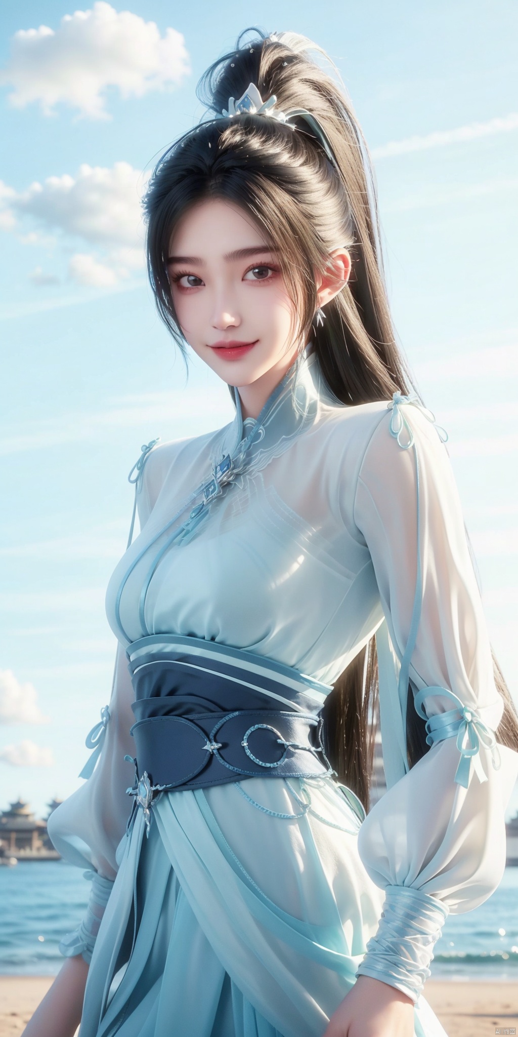 best quality, masterpiece, realistic,cowboy short,(Good structure), DSLR Quality,Depth of field,kind smile,looking_at_viewer,Dynamic pose, , Blue sky and white clouds on the beach,Masterpiece, (ultra wide angle lens: 1.2), Unity8k wallpaper, best quality, (detail shadow: 1.1), a beautiful girl, on a sea of light blue silk, translucent silk, floating light blue silk, surrealist style, minimalism, highly detailed texture, light blue, white clean background, CG rendering, light passing through clouds, 8k resolution, (motion photo: 1.2), (Fidelity: 1.4), original photos, movie lighting, 1girl,, , ,kind smile, , weddingdress ,ningyao, ponytail