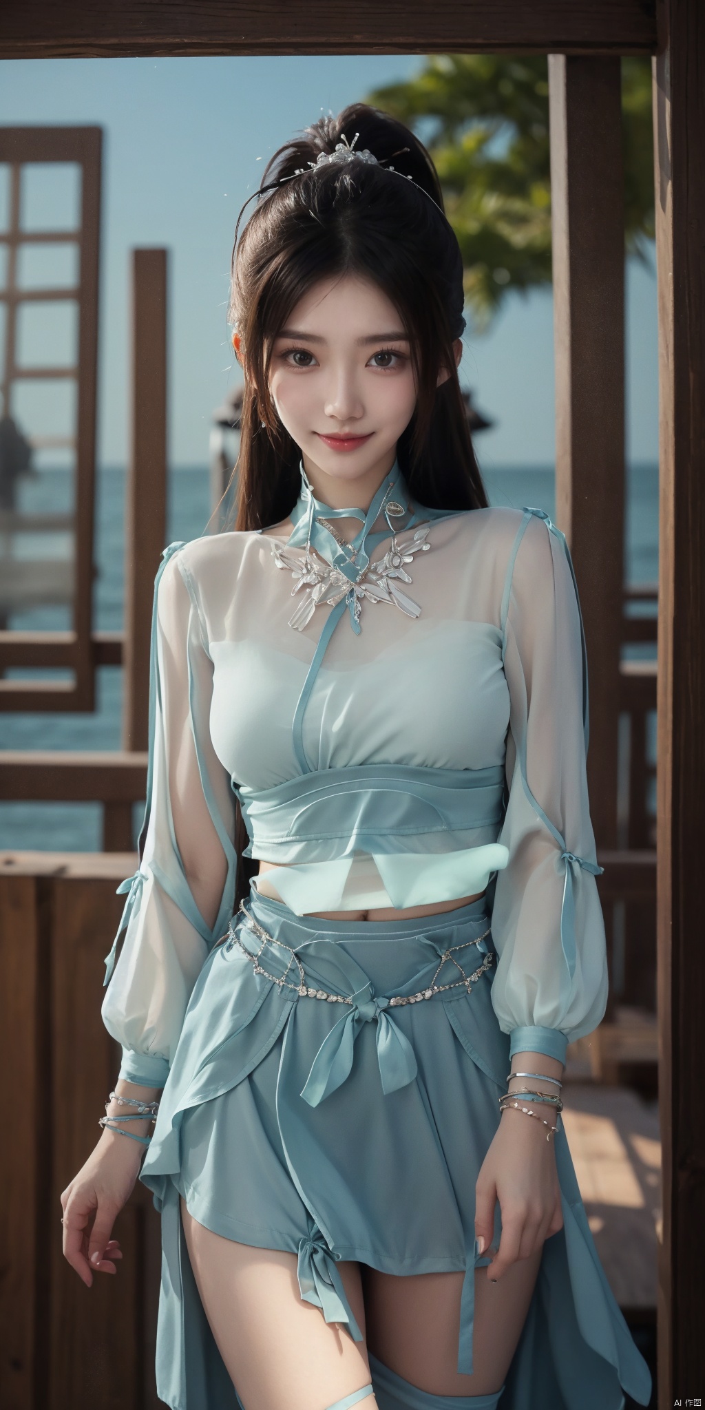cowboy_shot,(good structure), dslr quality,short skirt,Full moon, by the water's edge, nai3, 1girl, solo, crop top, , choker, navel, shirt, midriff, crop top overhang, looking at viewer, white shirt, jewelry, breasts, bare shoulders, off-shoulder shirt, off shoulder, black choker, thighs, stomach, long hair, bracelet, short sleeves, ribbon, hand up, collarbone, hair ribbon, medium breasts, , bra strap, , hair ornament, thigh gap, necklace, expressionless, , ,kind smile,ningyao, ponytail