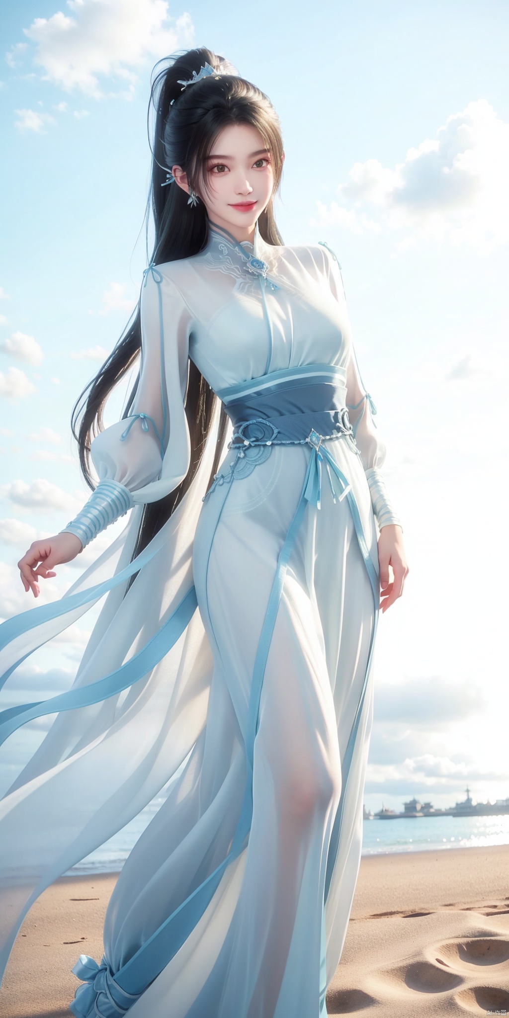 best quality, masterpiece, realistic,full_body,(Good structure), DSLR Quality,Depth of field,kind smile,looking_at_viewer,Dynamic pose, , Blue sky and white clouds on the beach,Masterpiece, (ultra wide angle lens: 1.2), Unity8k wallpaper, best quality, (detail shadow: 1.1), a beautiful girl, on a sea of light blue silk, translucent silk, floating light blue silk, surrealist style, minimalism, highly detailed texture, light blue, white clean background, CG rendering, light passing through clouds, 8k resolution, (motion photo: 1.2), (Fidelity: 1.4), original photos, movie lighting, 1girl,, , ,kind smile, , weddingdress ,ningyao, ponytail