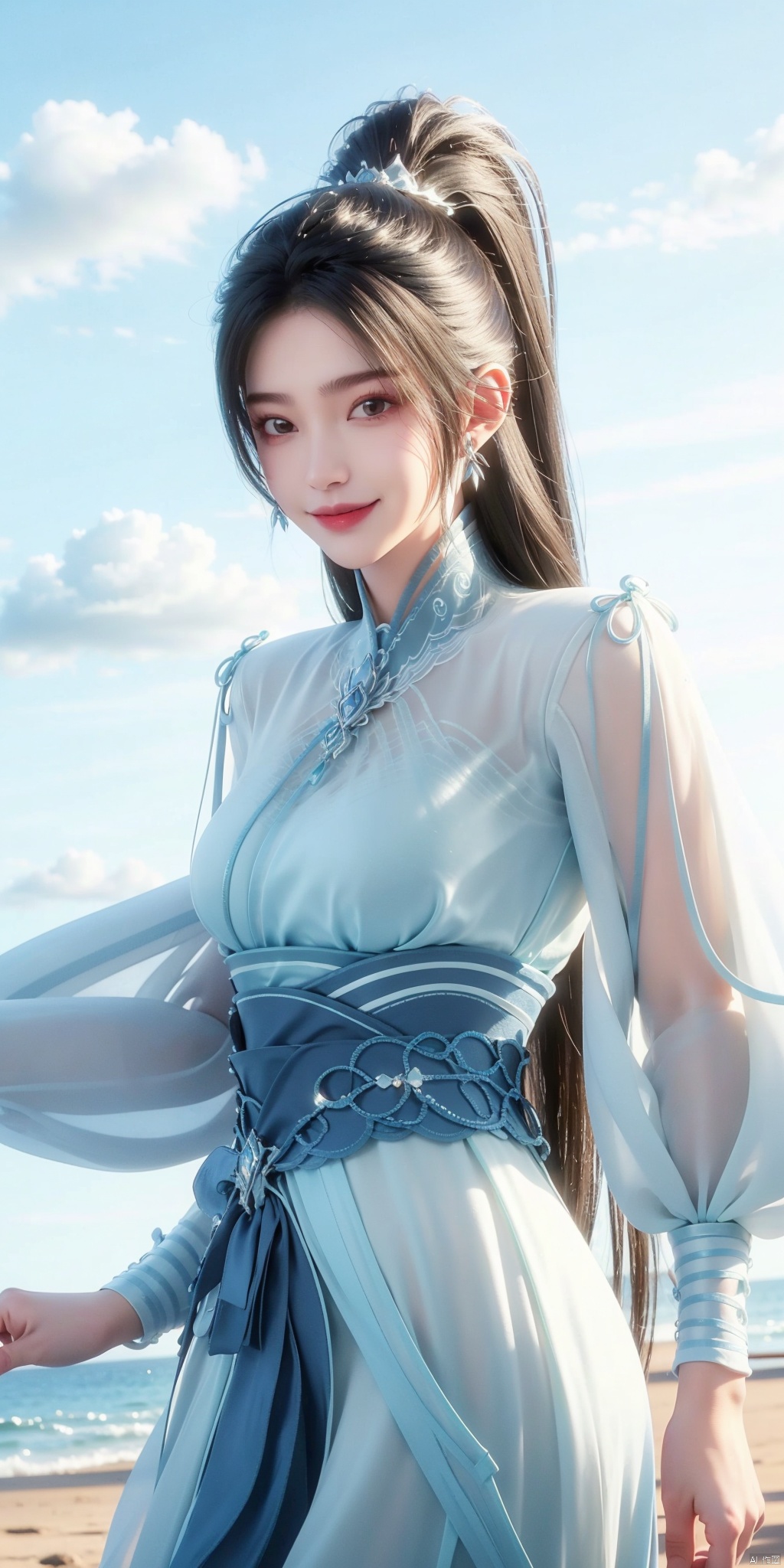 best quality, masterpiece, realistic,cowboy short,(Good structure), DSLR Quality,Depth of field,kind smile,looking_at_viewer,Dynamic pose, , Blue sky and white clouds on the beach,Masterpiece, (ultra wide angle lens: 1.2), Unity8k wallpaper, best quality, (detail shadow: 1.1), a beautiful girl, on a sea of light blue silk, translucent silk, floating light blue silk, surrealist style, minimalism, highly detailed texture, light blue, white clean background, CG rendering, light passing through clouds, 8k resolution, (motion photo: 1.2), (Fidelity: 1.4), original photos, movie lighting, 1girl,, , ,kind smile, , weddingdress ,ningyao, ponytail
