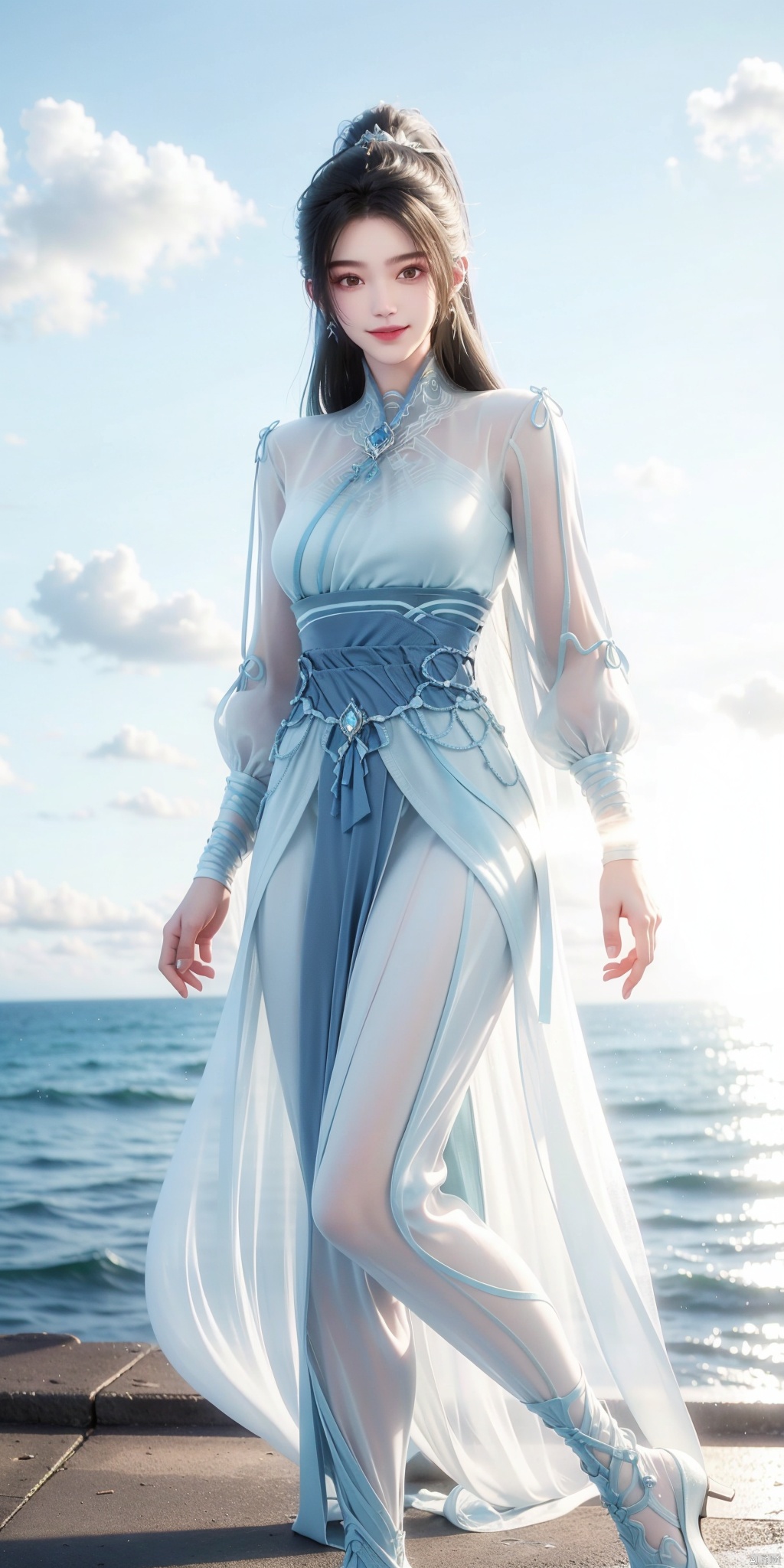 best quality, masterpiece, realistic,full_body,(Good structure), DSLR Quality,Depth of field,kind smile,looking_at_viewer,Dynamic pose, , Blue sky and white clouds on the beach,Masterpiece, (ultra wide angle lens: 1.2), Unity8k wallpaper, best quality, (detail shadow: 1.1), a beautiful girl, on a sea of light blue silk, translucent silk, floating light blue silk, surrealist style, minimalism, highly detailed texture, light blue, white clean background, CG rendering, light passing through clouds, 8k resolution, (motion photo: 1.2), (Fidelity: 1.4), original photos, movie lighting, 1girl,, , ,kind smile, , weddingdress ,ningyao, ponytail