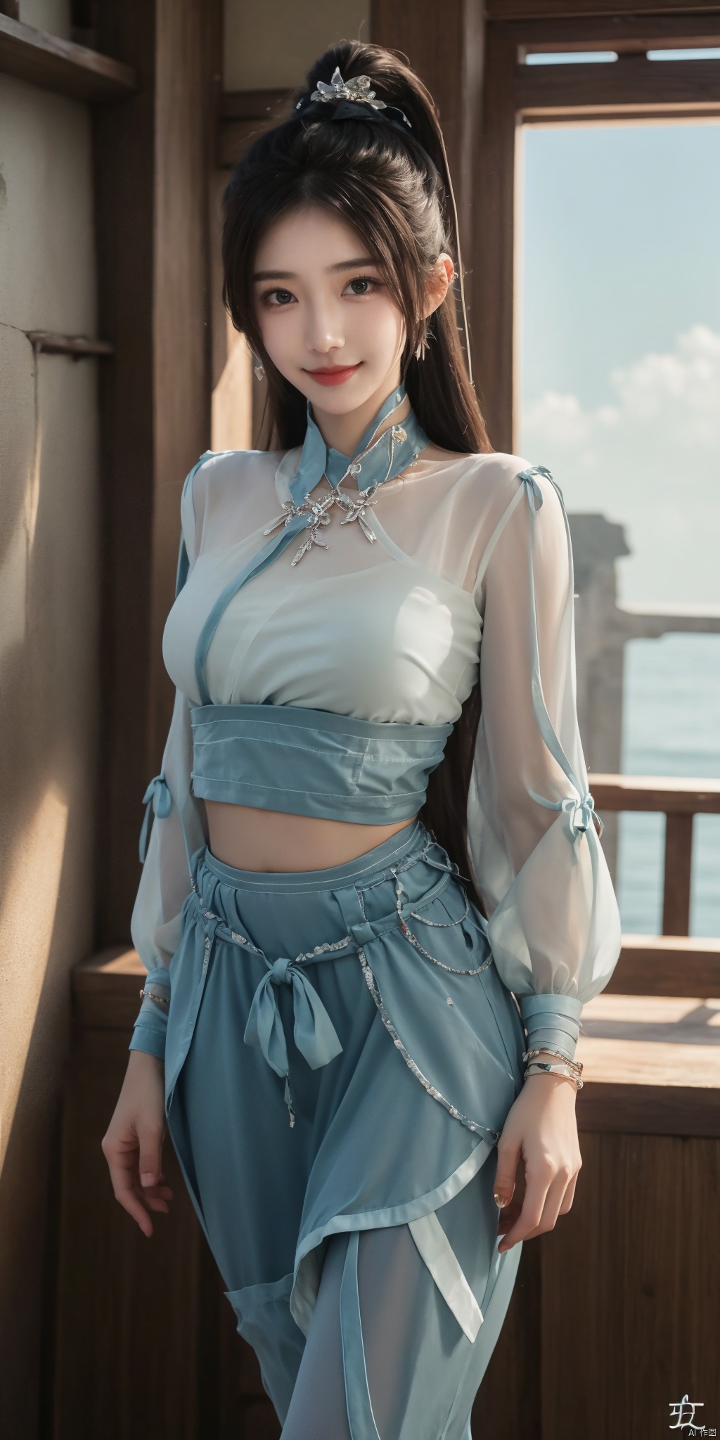 cowboy_shot,(good structure), dslr quality,short skirt,Full moon, by the water's edge, nai3, 1girl, solo, crop top, , choker, navel, shirt, midriff, crop top overhang, looking at viewer, white shirt, jewelry, breasts, bare shoulders, off-shoulder shirt, off shoulder, black choker, thighs, stomach, long hair, bracelet, short sleeves, ribbon, hand up, collarbone, hair ribbon, medium breasts, , bra strap, , hair ornament, thigh gap, necklace, expressionless, , ,kind smile,ningyao, ponytail