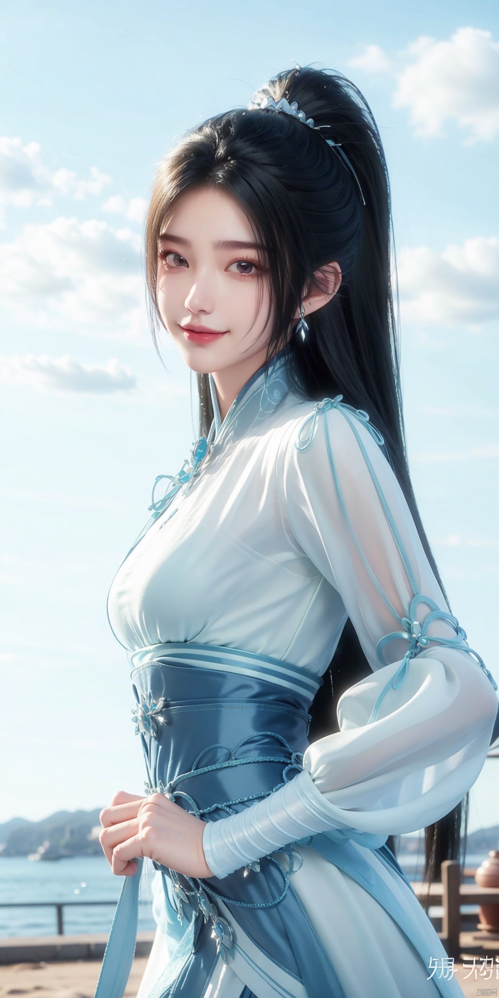 best quality, masterpiece, realistic,cowboy short,(Good structure), DSLR Quality,Depth of field,kind smile,looking_at_viewer,Dynamic pose, , Blue sky and white clouds on the beach,Masterpiece, (ultra wide angle lens: 1.2), Unity8k wallpaper, best quality, (detail shadow: 1.1), a beautiful girl, on a sea of light blue silk, translucent silk, floating light blue silk, surrealist style, minimalism, highly detailed texture, light blue, white clean background, CG rendering, light passing through clouds, 8k resolution, (motion photo: 1.2), (Fidelity: 1.4), original photos, movie lighting, 1girl,, , ,kind smile, , weddingdress ,ningyao, ponytail