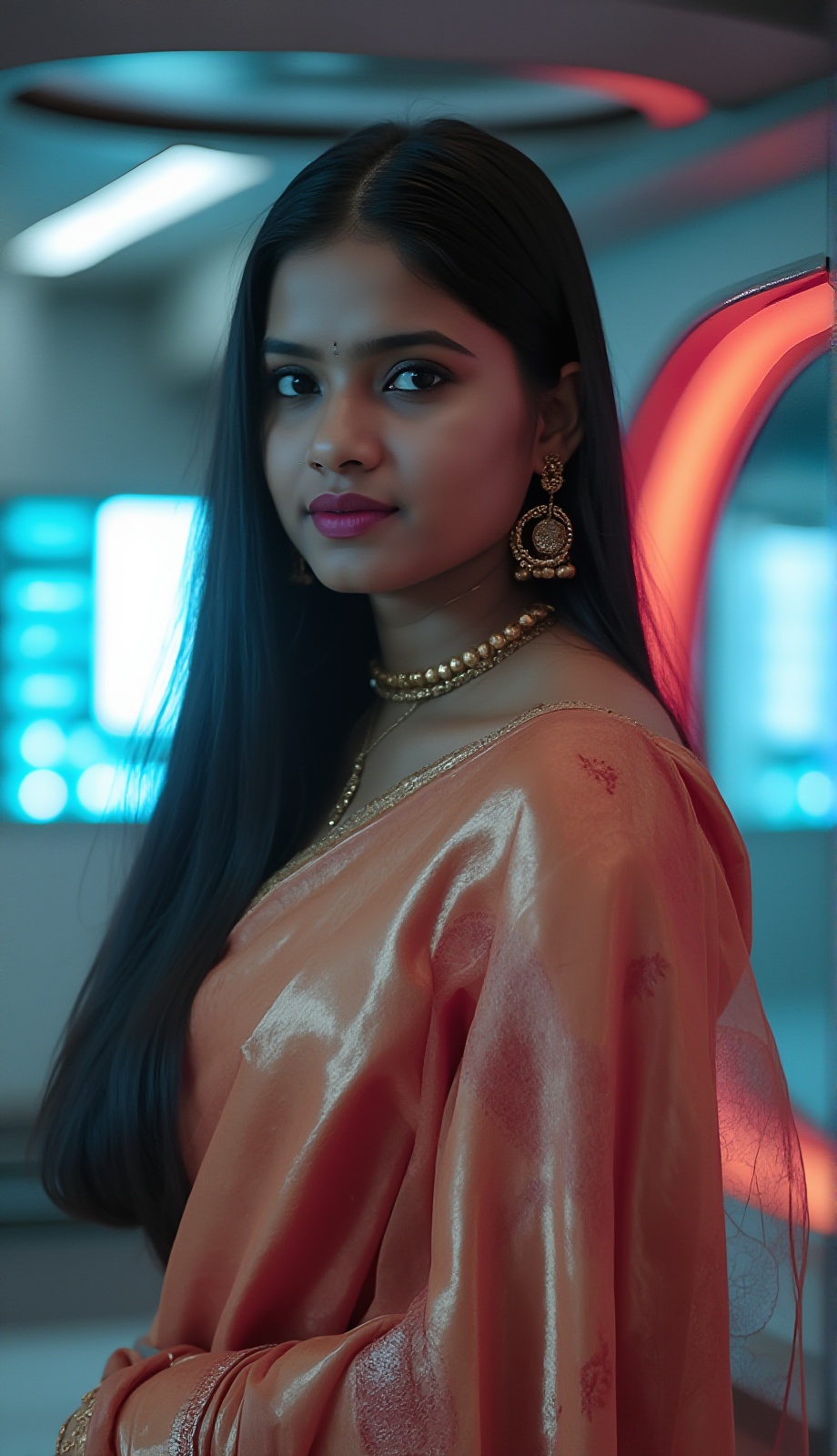 A stunning,  realistic photography of a 25-year-old Malayali (Mallu) girl,  radiating youthful beauty. She is dressed in t...