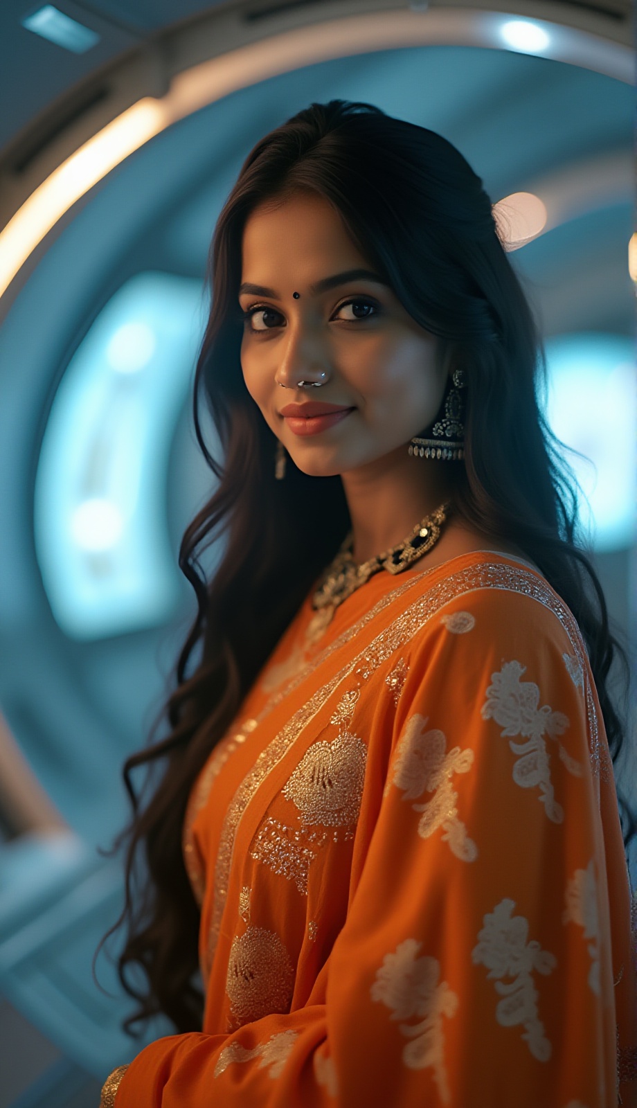 A stunning,  realistic photography of a 25-year-old Malayali (Mallu) girl,  radiating youthful beauty. She is dressed in t...