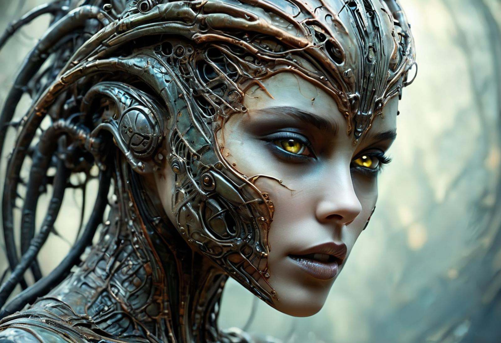 ethereal fantasy concept art of biomechanics face of woman with Rusty’s skin,  post-apocalyptic art,  horror art on Tensor...