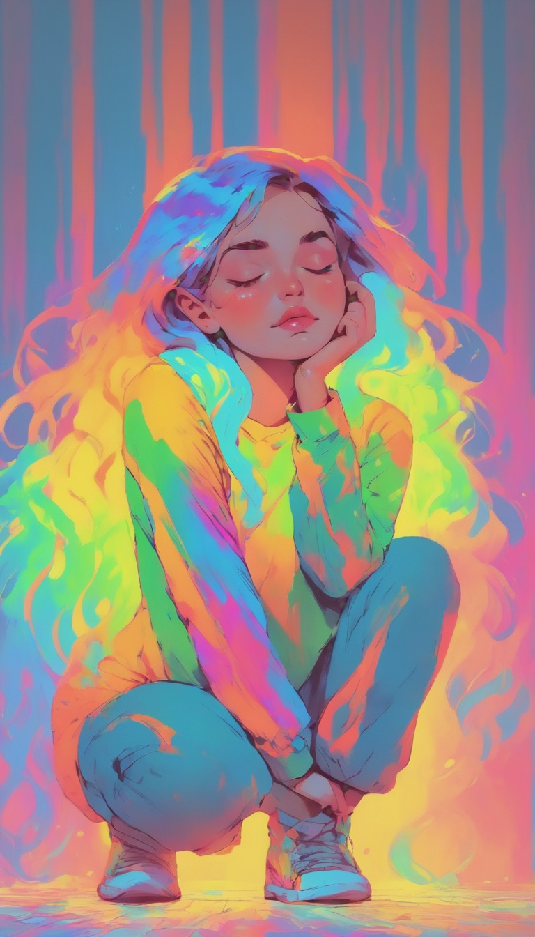 Full body image of a beautiful girl kneeling on the floor,  she has her eyes closed and her hands are in her hair on Tenso...