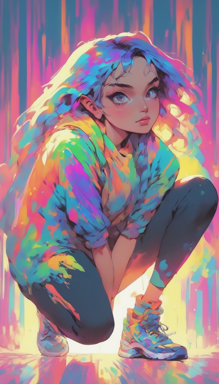 A 16k resolution ultra-detailed anime illustration of a beautiful girl crouching down with her hands between her legs on T...