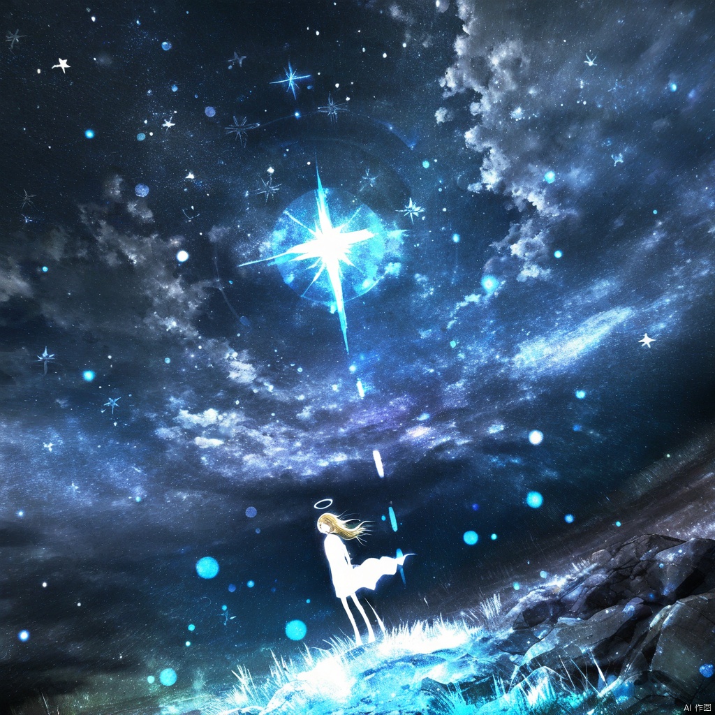 s-style, 剪影画, 空灵的氛围, 1 girl, 独奏, 连衣裙, 坐着, 天空, 夜晚, 发光, 光环, 草, 星星（天空）, 夜空, 风景, 星空, 黑暗, 云, 一个超现实和空灵的场景设置在外太空。一个女孩的孤独剪影, 留着飘逸的长发, (光环般的光环), 站在岩石地形上, 向上凝视。该人物被广阔的空间所包围, 充满了恒星, 云层和宇宙尘埃, 光芒四射的天体可能是太阳或恒星, 发出灿烂的光芒, 下面的地面被无数发光的蓝色和白色光照亮, 神秘, 图像的整体氛围是一种奇迹和宇宙的广阔, 超现实, 空灵, 人物, 岩石地形, 广阔的太空, 恒星, 宇宙尘埃, 辐射天体, 发光的蓝白色光, 错综复杂的图案和路径