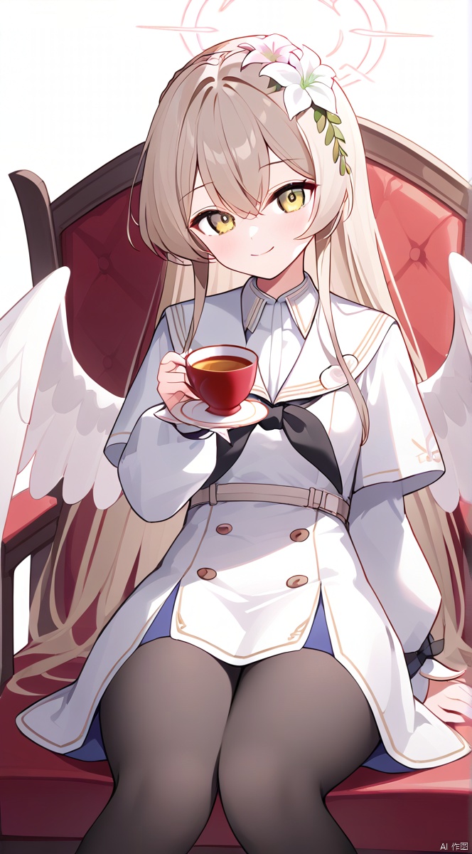  nai3, 1girl,solo,(masterpiece:1.3),( beautiful:1.2),(high quality:1.2),(finely detailed:1.2),extremely detailed CG unity 8k wallpaper,best quality,a very delicate and beautiful,perfect fingers,(one cute girl at the center:1.2), 1girl, solo, long hair, looking at viewer, smile, bangs, simple background, hair ornament, long sleeves, white background, dress, holding, hair between eyes, sitting, very long hair, closed mouth, yellow eyes, flower, pantyhose, wings, hair flower, sailor collar, white dress, cup, neckerchief, black pantyhose, capelet, feet out of frame, halo, chair, light brown hair, holding cup, feathered wings, teacup, angel wings, white sailor collar, white wings, tea, white capelet, black neckerchief, saucer,nagisaBA