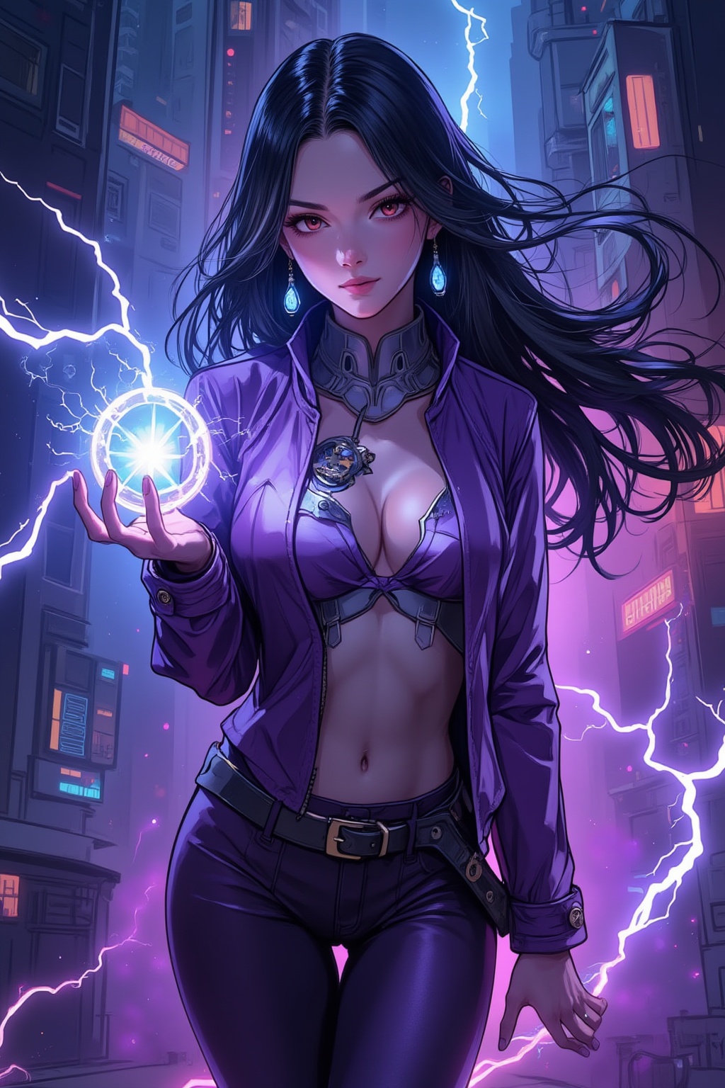 a beautiful girl standing. She uses the magic ring and turns into a beautiful lightning magic \(ek_ge1tng\) warrior \(detailed exquisite face\),ek_game_3ffect,dynamic sexy pose,lightning elemental effects,lightning weapon,dark city street,back and violet clothes,ek_art_b00ster,ink style