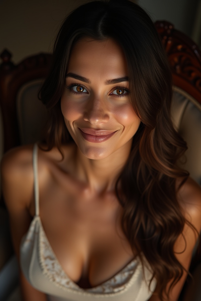 Portrait photo of woman, This is a photograph, from above, of a woman sitting on a chair in her living room. Long brown hair with dark roots hangs over her shoulders. Light brown eyes are staring up at the viewer with a smile. busty chest. dress is coming off, The room is dimly lit in the late evening. casting shadow style, perfect eyes, extremely intricate details, masterpiece, epic, clear shadows and highlights, realistic, intense, enhanced contrast, highly detailed skin, f/2.8, bokeh, smiling,raw_photo