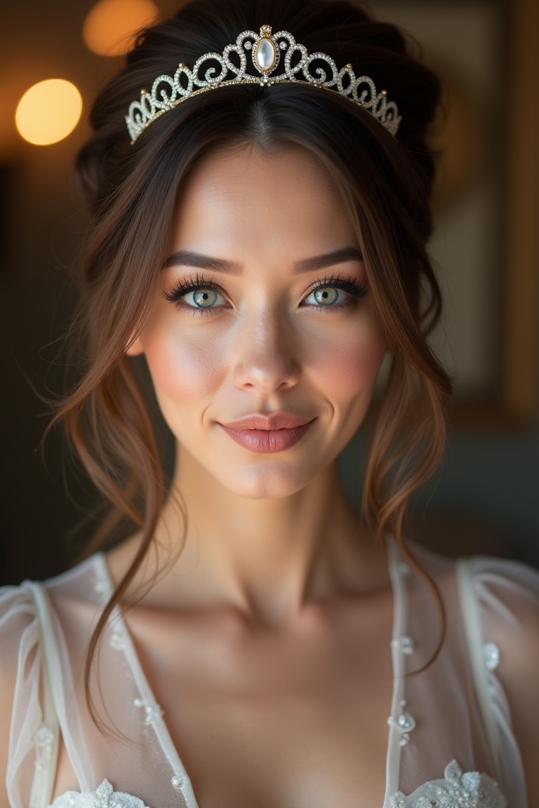 Close up Portrait of a 40 years old, ,(bokeh)
1girl, milf, lip stick, eye liner, bun hair, small realistic breasts,  queen, (transparent dress white) brown hair, crown, beautiful blue eyes, big butt, detail, (full body shot), low quality,less details,
Sony A7iii, Sony FE 24-70mm F2.8 GM II Lens, ISO 100, 1/400s, f/2.8, 50mm,raw_photo