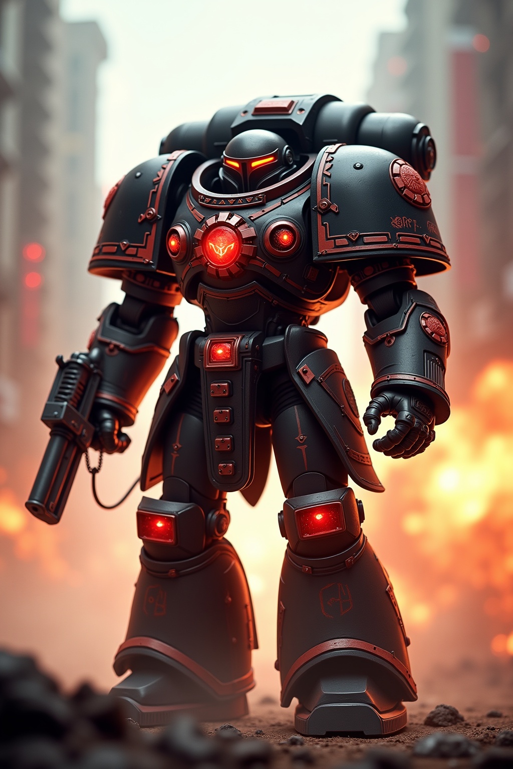 a Warhammer 40k IMPERIUM Skorpek Destroyer \(ek_ct4k\) standing in a battle field,black and red colored armor,ek_game_3ffect,blurry city background,explosion,fire,flame,dynamic angle,upper body shot,ek_art_b00ster