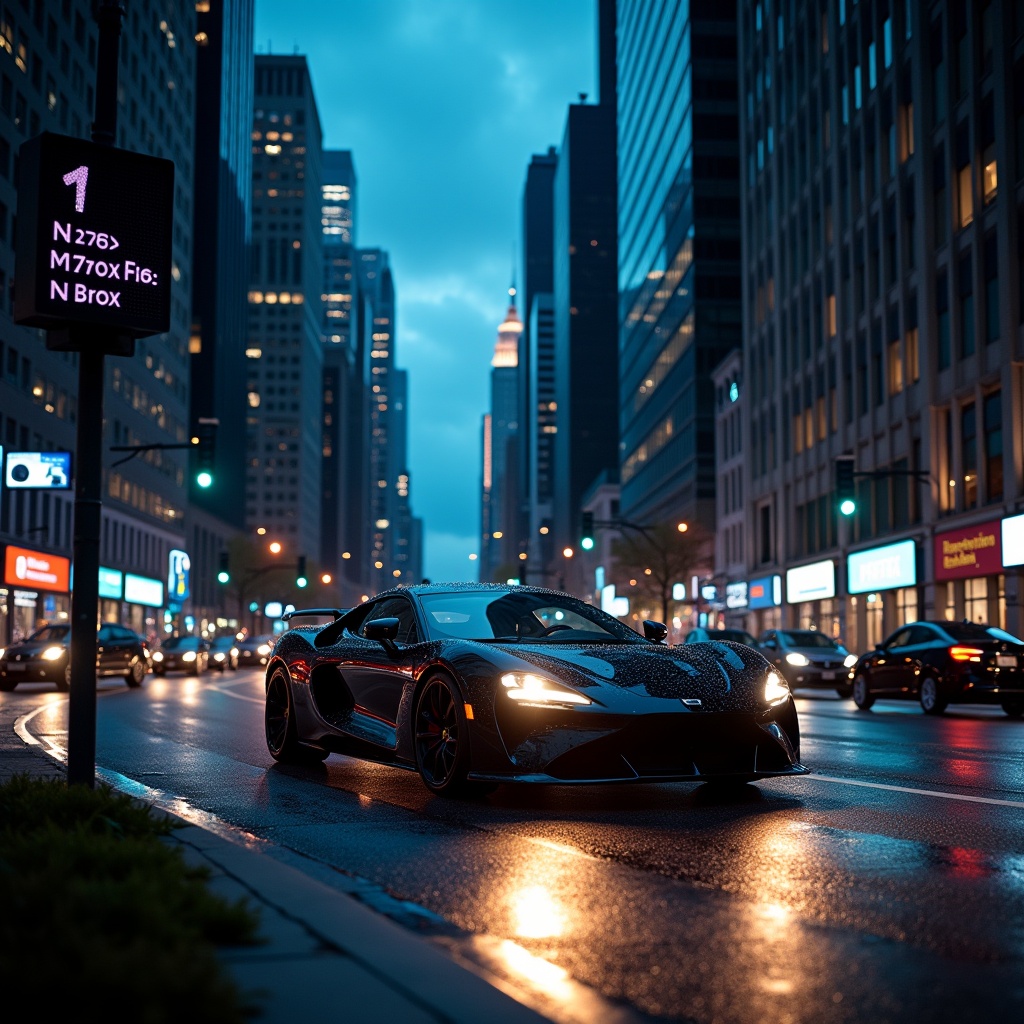 A nocturnal cityscape at dusk: a sleek black car,  its headlights casting a warm glow on the asphalt road,  navigates thro...